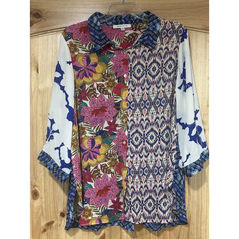 Rose + Olive Women’s Blouse 3/4 Sleeves Button Up Multi Color Multi Pattern 1XL